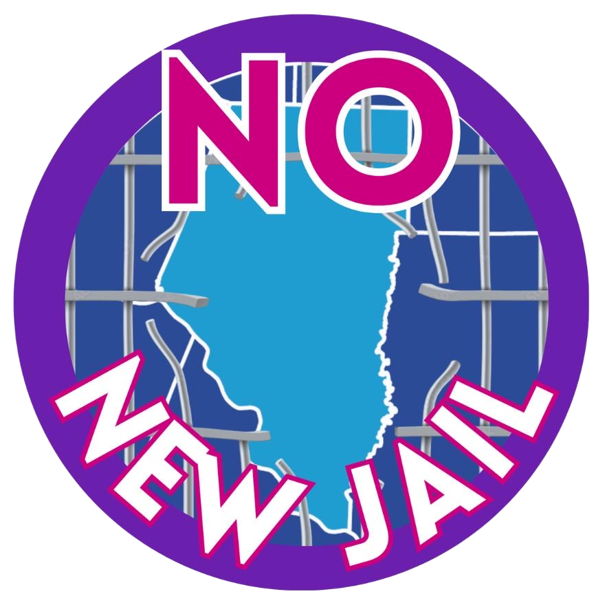 The No New Jail – Boone County logo: Boone County's geographic outline (in robin's egg blue on a dark blue background) appears behind broken and bent metal jail bars, the words No New Jail in the foreground (the letters in all-caps and outlined bright fuchsia, standing along a round, dark purple outline) encircle the County.